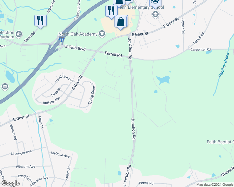 map of restaurants, bars, coffee shops, grocery stores, and more near 2125 Crestwood Ridge Drive in Durham