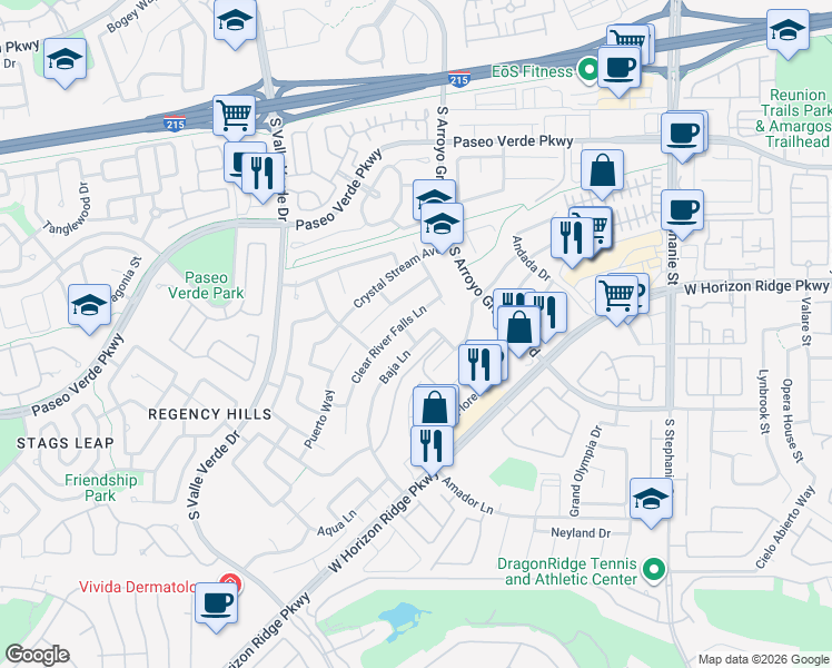 map of restaurants, bars, coffee shops, grocery stores, and more near 1762 Clear River Falls Lane in Henderson
