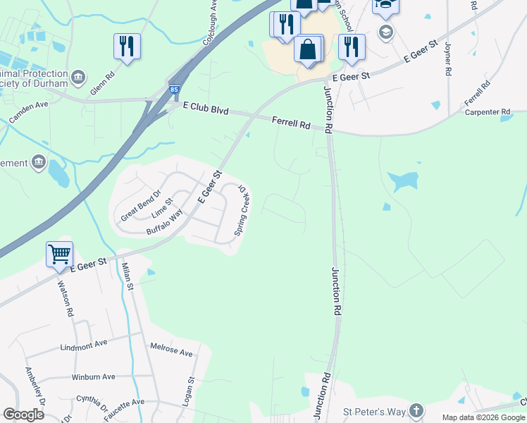 map of restaurants, bars, coffee shops, grocery stores, and more near 2125 Crestwood Ridge Drive in Durham