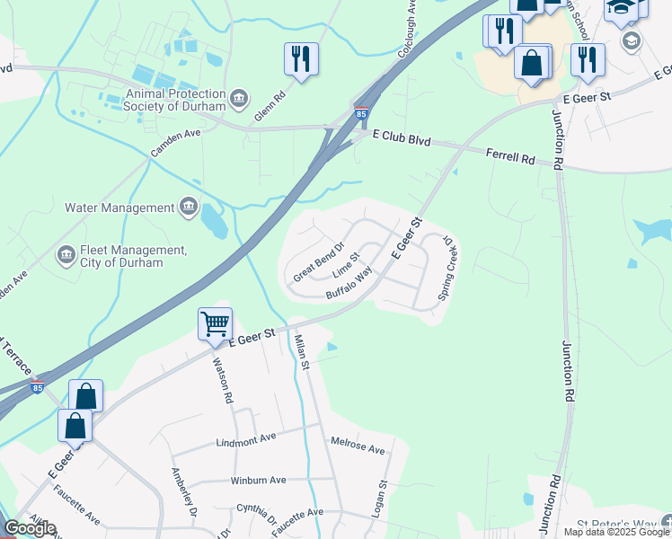 map of restaurants, bars, coffee shops, grocery stores, and more near 2023 Lime Street in Durham