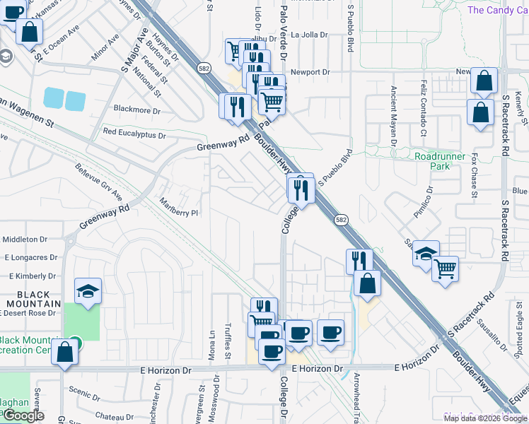 map of restaurants, bars, coffee shops, grocery stores, and more near 668 Bellus Place in Henderson