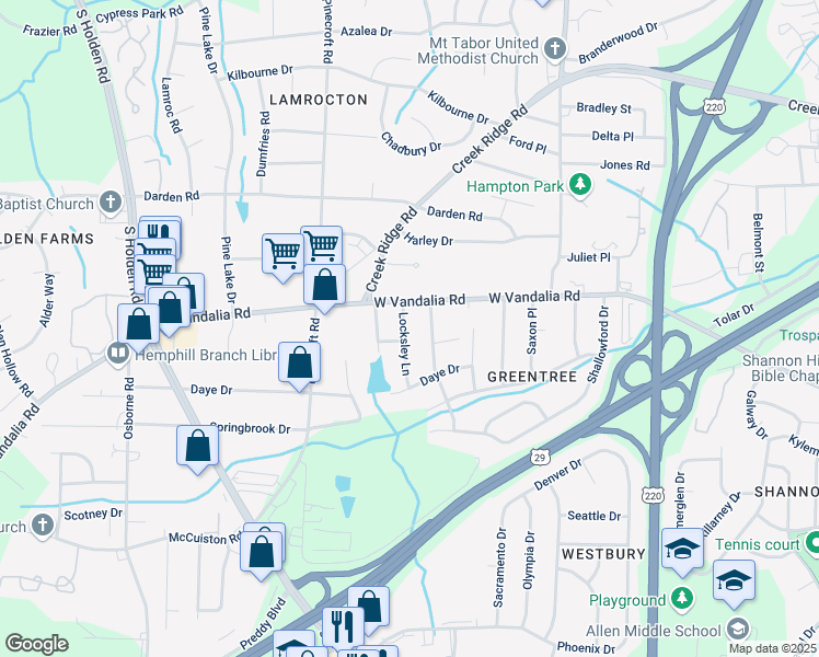 map of restaurants, bars, coffee shops, grocery stores, and more near 3007 Locksley Lane in Greensboro