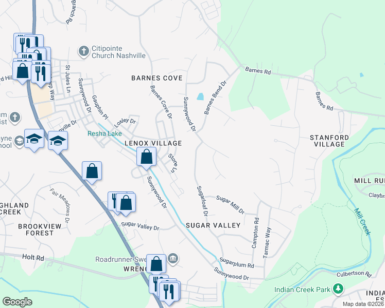 map of restaurants, bars, coffee shops, grocery stores, and more near 6440 Sunnywood Drive in Nashville