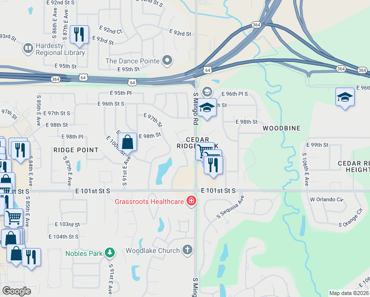 map of restaurants, bars, coffee shops, grocery stores, and more near 9505 East 99th Place in Tulsa