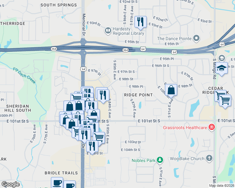 map of restaurants, bars, coffee shops, grocery stores, and more near 8606 East 98th Place South in Tulsa