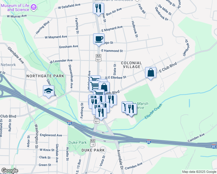 map of restaurants, bars, coffee shops, grocery stores, and more near 2408 Banner Street in Durham