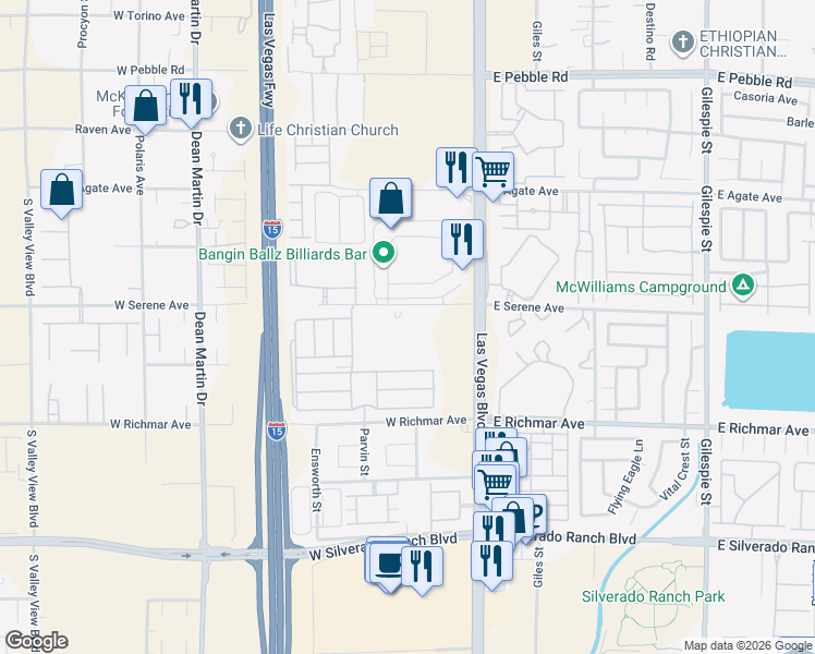map of restaurants, bars, coffee shops, grocery stores, and more near 150 West Serene Avenue in Las Vegas