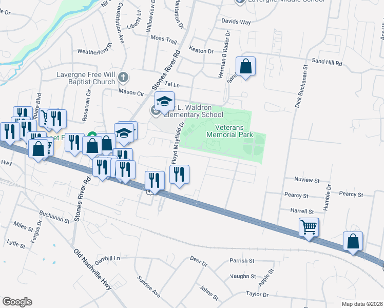 map of restaurants, bars, coffee shops, grocery stores, and more near 115 Floyd Mayfield Drive in La Vergne
