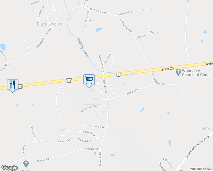 map of restaurants, bars, coffee shops, grocery stores, and more near 140 Brakebill Road in Knoxville