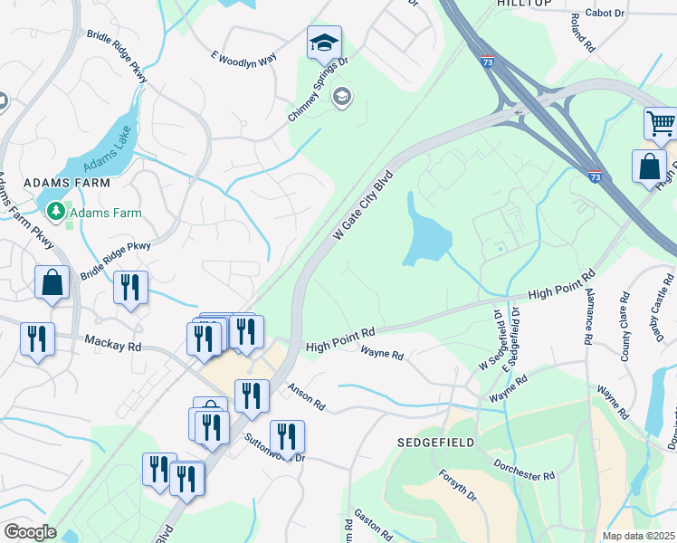 map of restaurants, bars, coffee shops, grocery stores, and more near 3100 Sedgefield Gate Road in Greensboro