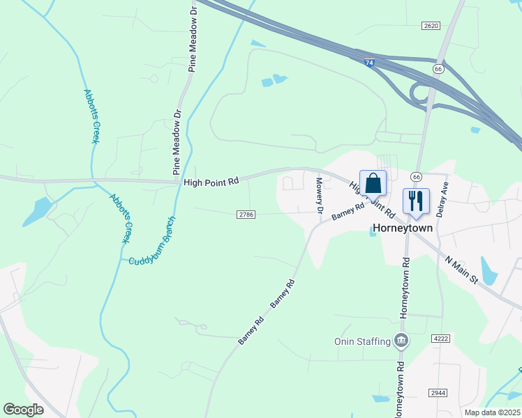map of restaurants, bars, coffee shops, grocery stores, and more near 5155 Hillwood Drive in Kernersville