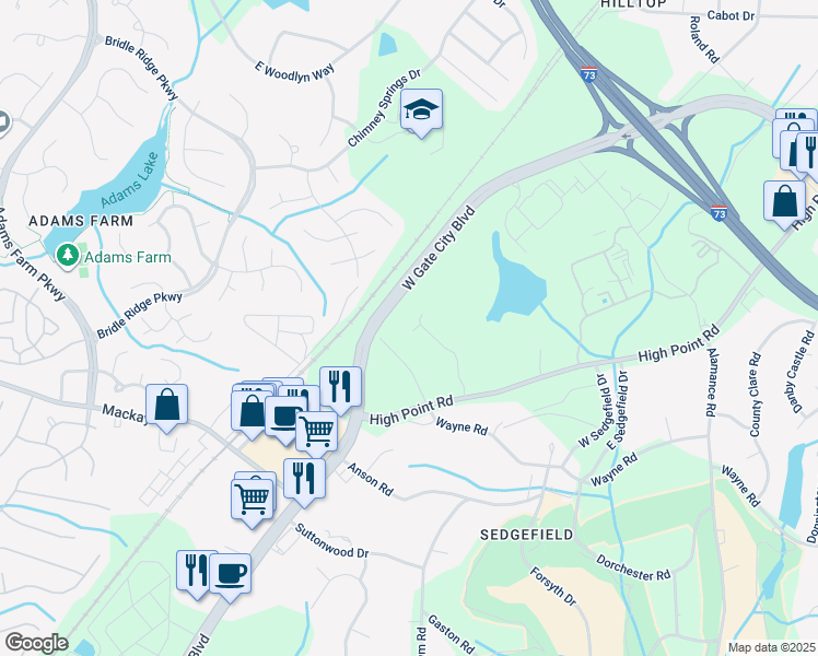 map of restaurants, bars, coffee shops, grocery stores, and more near 3100 Sedgefield Gate Road in Greensboro