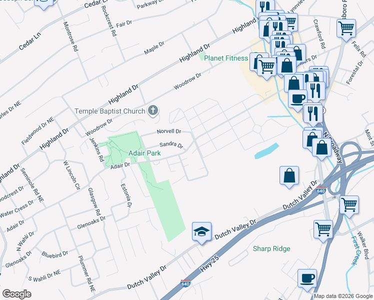 map of restaurants, bars, coffee shops, grocery stores, and more near 2209 Adair Drive in Knoxville