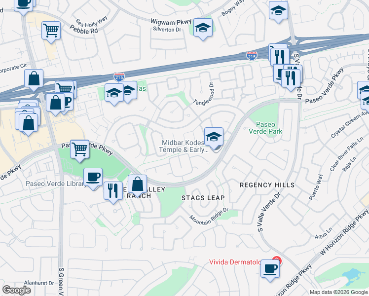 map of restaurants, bars, coffee shops, grocery stores, and more near 219 Cimarron Village Way in Henderson