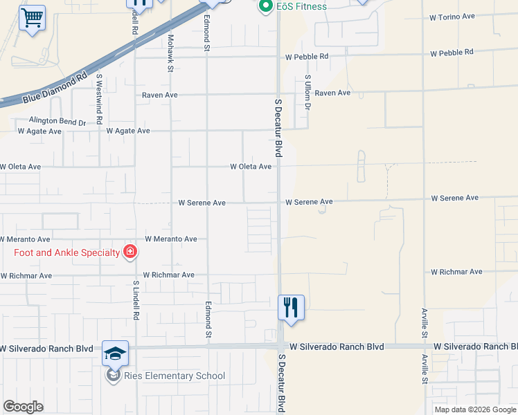 map of restaurants, bars, coffee shops, grocery stores, and more near 9275 South Decatur Boulevard in Las Vegas
