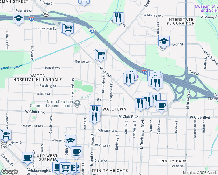 map of restaurants, bars, coffee shops, grocery stores, and more near 1419 Sedgefield Street in Durham