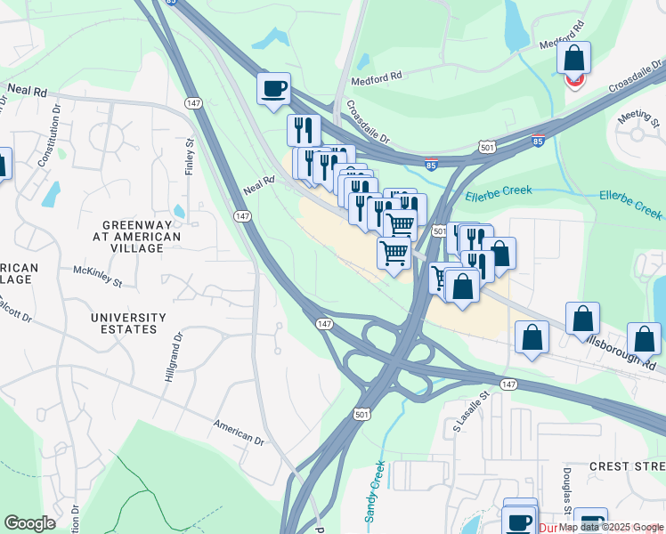 map of restaurants, bars, coffee shops, grocery stores, and more near 3573 Hillsborough Road in Durham