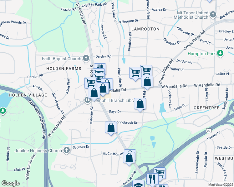 map of restaurants, bars, coffee shops, grocery stores, and more near 2103 West Vandalia Road in Greensboro