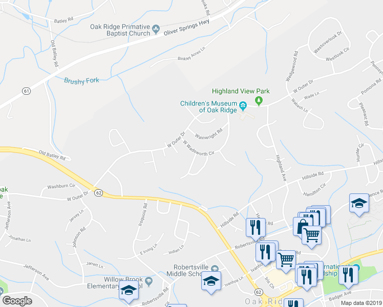 map of restaurants, bars, coffee shops, grocery stores, and more near 166 West Wadsworth Circle in Oak Ridge