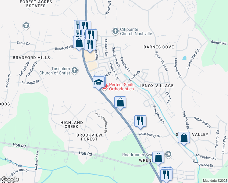 map of restaurants, bars, coffee shops, grocery stores, and more near 6210 Nolensville Pike in Nashville