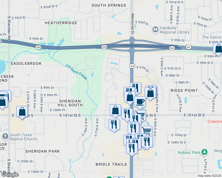 map of restaurants, bars, coffee shops, grocery stores, and more near 7803 East 99th Street in Tulsa