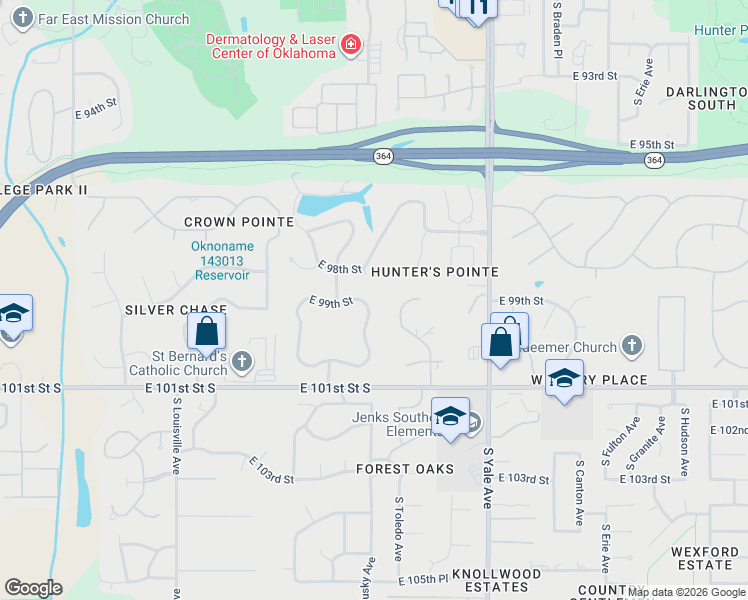 map of restaurants, bars, coffee shops, grocery stores, and more near 4322 East 98th Street in Tulsa