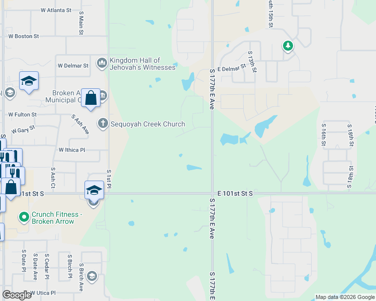 map of restaurants, bars, coffee shops, grocery stores, and more near 9800 South Lynn Lane Road in Broken Arrow