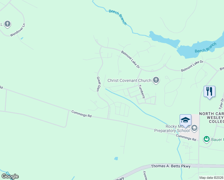 map of restaurants, bars, coffee shops, grocery stores, and more near 345 Great Glen in Rocky Mount