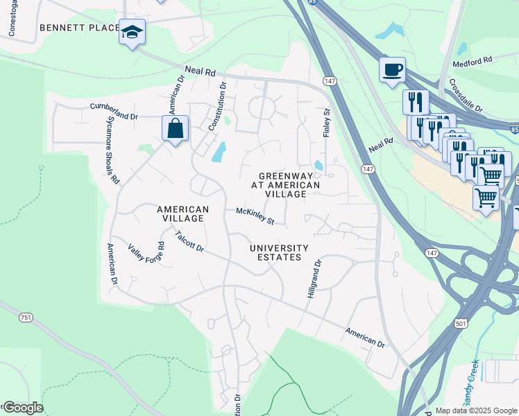 map of restaurants, bars, coffee shops, grocery stores, and more near 103 Arthur Lane in Durham