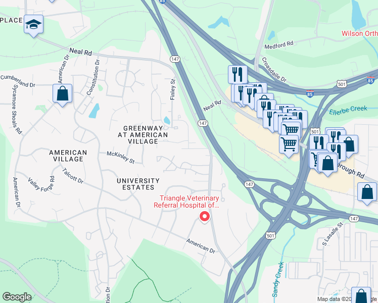 map of restaurants, bars, coffee shops, grocery stores, and more near 117 Whitfield Road in Durham