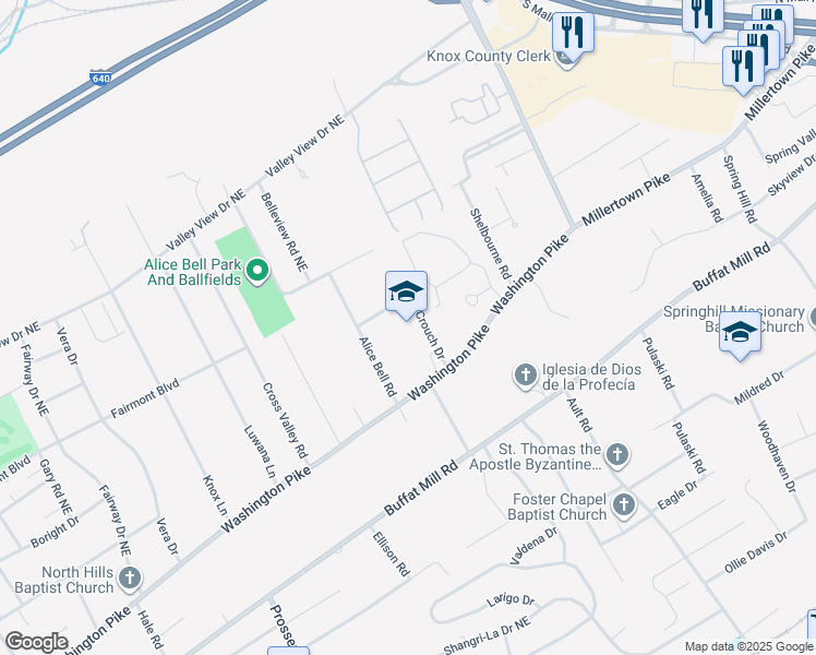 map of restaurants, bars, coffee shops, grocery stores, and more near 4415 Washington Pike in Knoxville