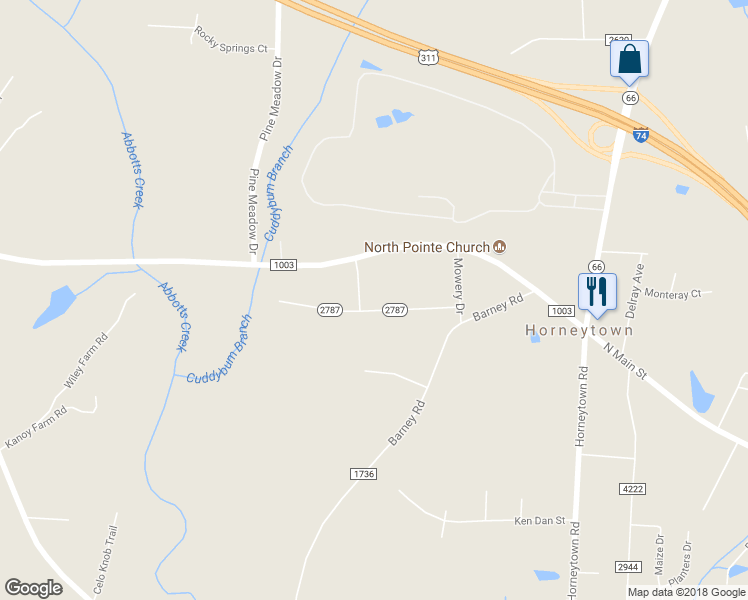 map of restaurants, bars, coffee shops, grocery stores, and more near 5155 Hillwood Drive in Kernersville