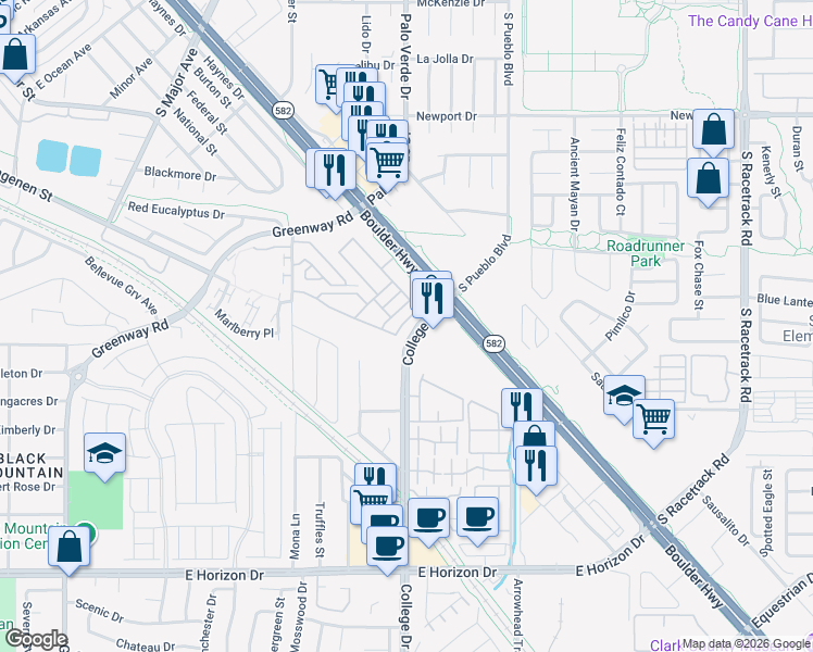 map of restaurants, bars, coffee shops, grocery stores, and more near 227 College Drive in Henderson