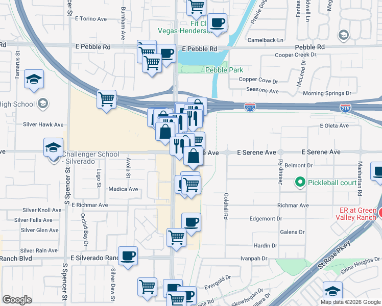 map of restaurants, bars, coffee shops, grocery stores, and more near 2455 East Serene Avenue in Las Vegas