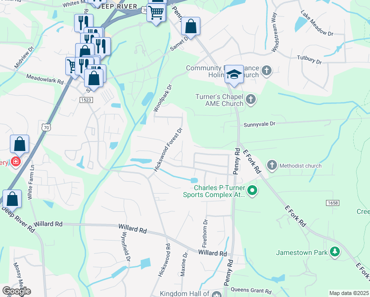 map of restaurants, bars, coffee shops, grocery stores, and more near 3630 Rock Meadow Circle in High Point
