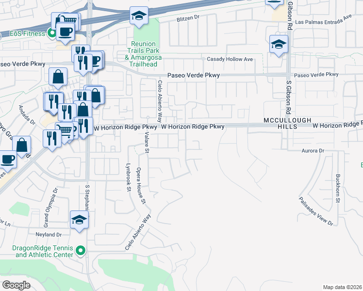 map of restaurants, bars, coffee shops, grocery stores, and more near 194 Viento Ridge Street in Henderson