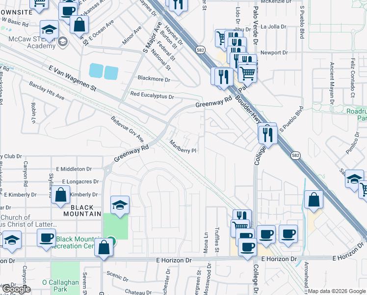 map of restaurants, bars, coffee shops, grocery stores, and more near 111 Dancing Sage Court in Henderson