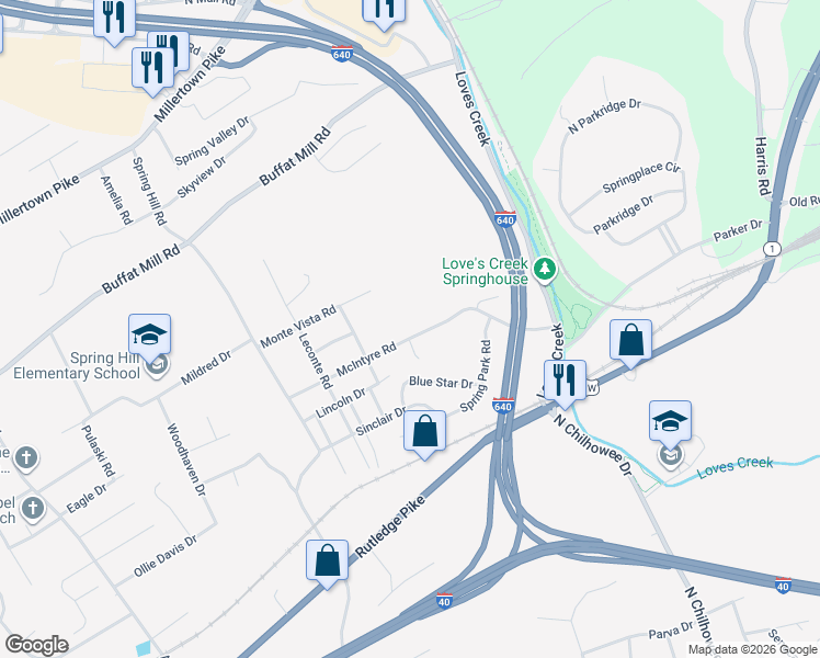 map of restaurants, bars, coffee shops, grocery stores, and more near 5201 McIntyre Road in Knoxville