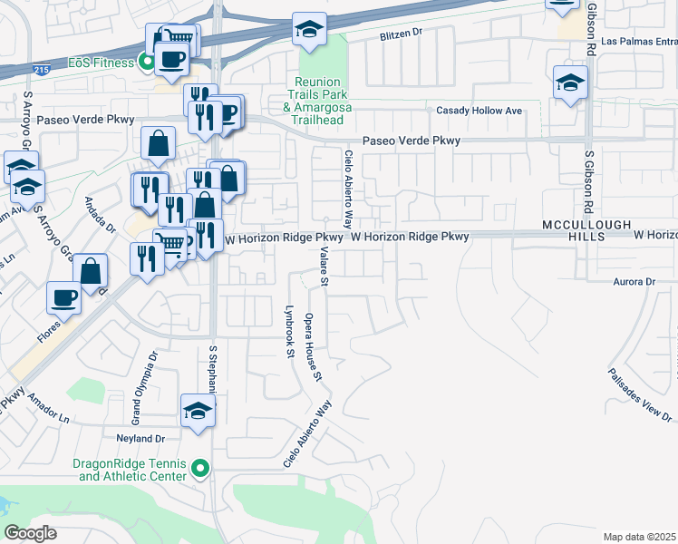 map of restaurants, bars, coffee shops, grocery stores, and more near 195 Vander Ridge Street in Henderson