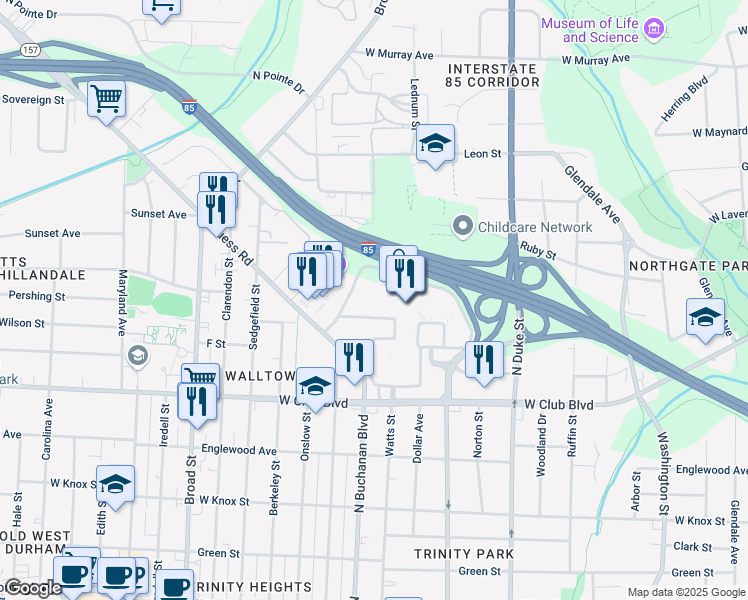map of restaurants, bars, coffee shops, grocery stores, and more near 1620 Guess Road in Durham