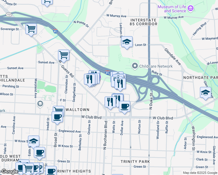 map of restaurants, bars, coffee shops, grocery stores, and more near 1620 Guess Road in Durham