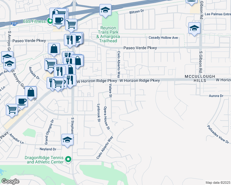 map of restaurants, bars, coffee shops, grocery stores, and more near 195 Vander Ridge Street in Henderson