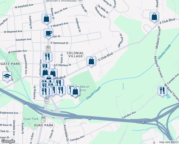 map of restaurants, bars, coffee shops, grocery stores, and more near Ambridge Street in Durham