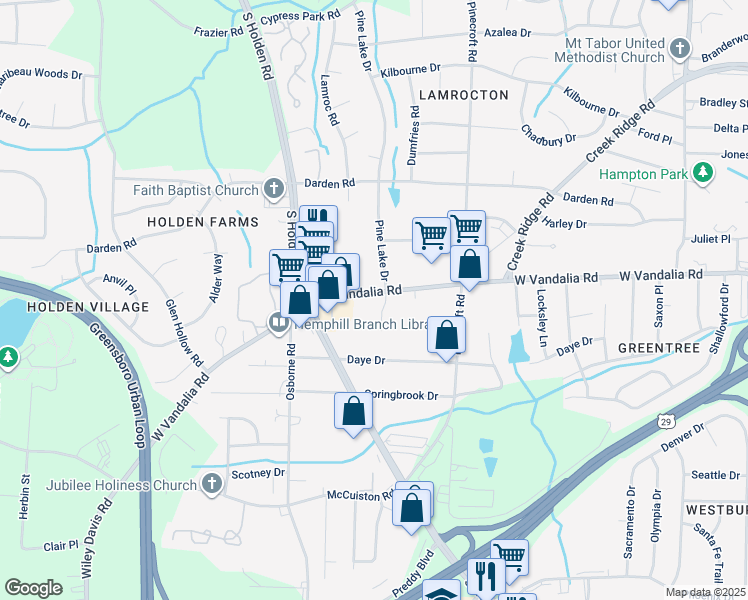 map of restaurants, bars, coffee shops, grocery stores, and more near 2103 West Vandalia Road in Greensboro