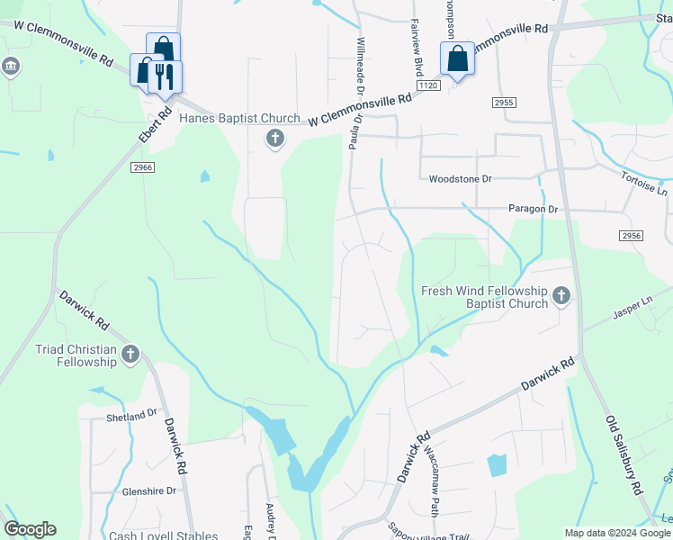 map of restaurants, bars, coffee shops, grocery stores, and more near 2049 Bethany Trace Lane in Winston-Salem