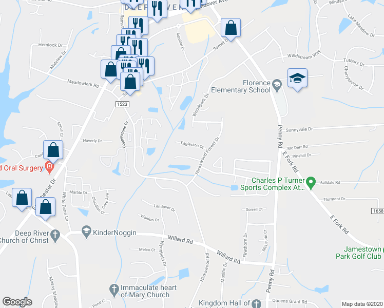 map of restaurants, bars, coffee shops, grocery stores, and more near 3887 Range Crest Court in High Point