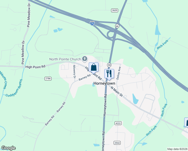 map of restaurants, bars, coffee shops, grocery stores, and more near 5250 High Point Road in High Point