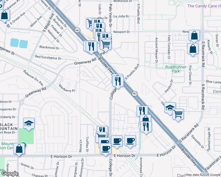 map of restaurants, bars, coffee shops, grocery stores, and more near 227 College Drive in Henderson