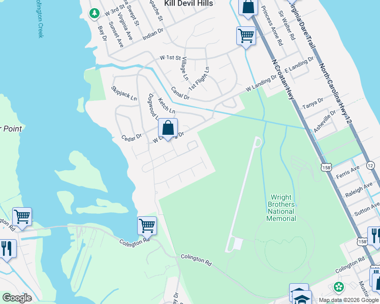 map of restaurants, bars, coffee shops, grocery stores, and more near 523 Landing Drive in Kill Devil Hills
