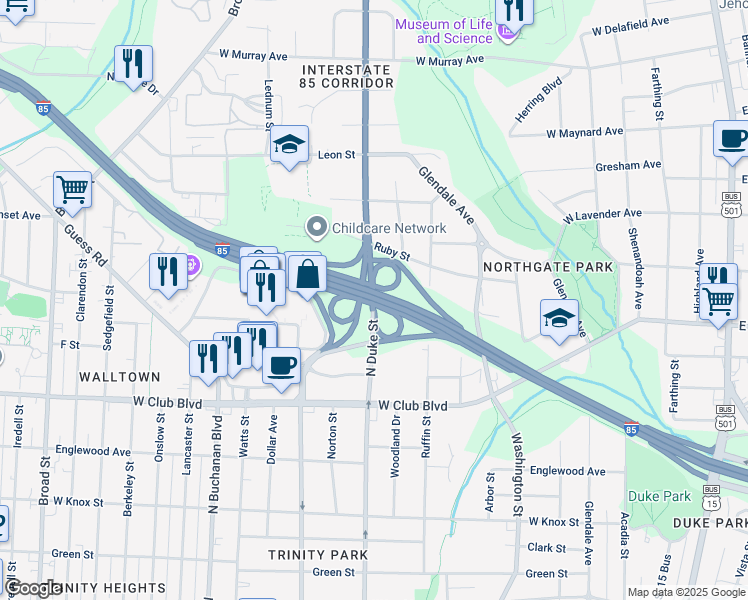 map of restaurants, bars, coffee shops, grocery stores, and more near North Duke Street in Durham